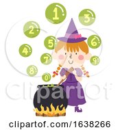 Poster, Art Print Of Kid Girl Witch Cook Bubbles Numbers Illustration