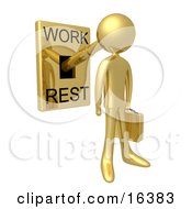Gold Businessman With His Head Attached To A Lever That Is In Work Mode Carrying A Briefcase