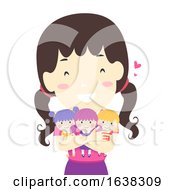 Kid Girl Hug Three Dolls Illustration