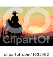 Poster, Art Print Of Man Horse Cowboy Old West Sunset Illustration