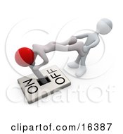 Two White People Trying To Turn A Lever Switch To The Off Position Clipart Illustration Graphic