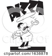 Cartoon Black And White Chef Tossing Dough Under Pizza Text