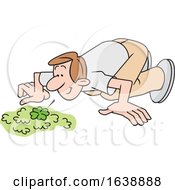 Poster, Art Print Of Cartoon White Man Discovering A Four Leaf Clover