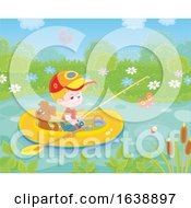 Poster, Art Print Of Little Boy Fishing With His Dog In A Raft On A Pond