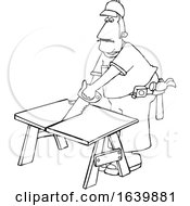 Cartoon Black And White Male Carpenter Using A Saw