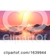 3D Islands In Sea With Low Clouds Against Sunset Sky