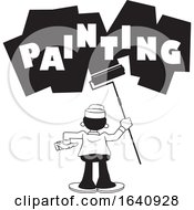 Cartoon Black And White Male Painter Using A Roller Brush