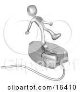 Silver Person Trying To Maintain His Balance While Riding On A Chrome Computer Mouse And Surfing The Internet Clipart Illustration Graphic