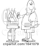 Poster, Art Print Of Cartoon Black And White Man Holding A Salt Shaker And Watching As The Flames Get High On His Bbq Grill