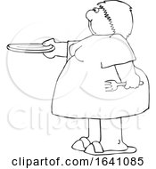 Cartoon Black And White Chubby Woman Holding Out A Plate For Seconds