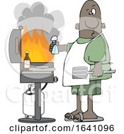 Poster, Art Print Of Cartoon Black Man Holding A Salt Shaker And Watching As The Flames Get High On His Bbq Grill