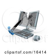Frustrated Blue Person Smashing A Flat Screen Computer Monitor With A Hammer