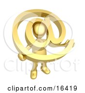 Gold Person Holding A Golden At Symbol With His Head Peeking Through The Center
