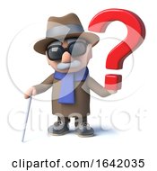 3d Cartoon Old Blind Man Character Has A Question Mark Symbol