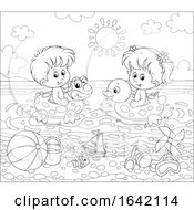 Poster, Art Print Of Black And White Children Swimming With Inflatables At The Beach
