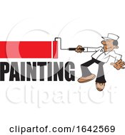 Cartoon Black Male Painter Using A Roller Brush Over Text