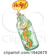 Poster, Art Print Of Cartoon Seahorse Stuck In A Plastic Bottle And Asking For Help