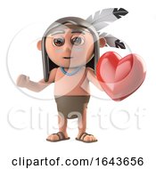 3d Funny Cartoon Native American Indian Warrior Child Character Holds A Red Heart by Steve Young