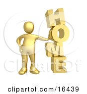 Gold Person Leaning Against The Vertical Word Home