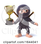 3d Funny Cartoon Ninja Assassin Warrior Character Holding A Gold Cup Trophy Award