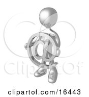 Silver Person Holding A Chrome At Symbol In Front Of Him Clipart Illustration Graphic