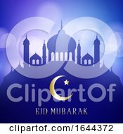 Poster, Art Print Of Decorative Eid Mubarak Background With Mosque Silhouettes On A Bokeh Lights Design