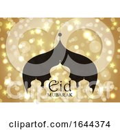 Poster, Art Print Of Eid Mubarak Background With Mosque Silhouette On Gold Stars And Bokeh Lights