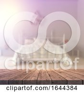 Poster, Art Print Of 3d Wooden Table Looking Out To A Defocussed Bedroom Interior