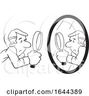 Poster, Art Print Of Cartoon Black And White Guy Doing A Self Examination With A Mirror And Magnifying Glass