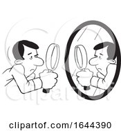 Cartoon Black And White Man Doing A Self Examination With A Mirror And Magnifying Glass