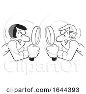 Poster, Art Print Of Cartoon Black And White Men Looking At Each Other Throgh Magnifying Glasses