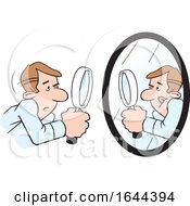 Cartoon White Man Doing A Self Examination With A Mirror And Magnifying Glass