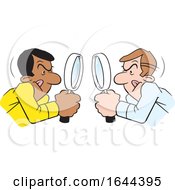 Poster, Art Print Of Cartoon White And Black Men Looking At Each Other Throgh Magnifying Glasses