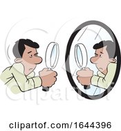 Poster, Art Print Of Cartoon Hispanic Man Doing A Self Examination With A Mirror And Magnifying Glass