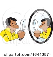 Poster, Art Print Of Cartoon Black Man Doing A Self Examination With A Mirror And Magnifying Glass