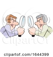 Poster, Art Print Of Cartoon White Men Looking At Each Other Throgh Magnifying Glasses