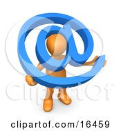 Orange Person Holding A Blue At Symbol With His Head Peeking Through The Center