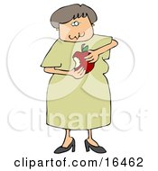Friendly Female Teacher In A Green Dress Eating A Red Apple Clipart Illustration Graphic