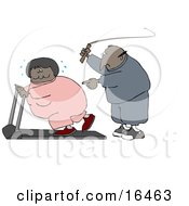 African American Man In Sweats Swinging A Whip While Telling His Blond Wife To Keep Exercising On A Treadmill Clipart Illustration Graphic