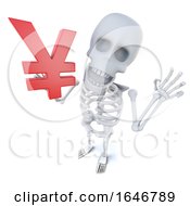 3d Funny Cartoon Skeleton Character Holding A Japanese Yen Currency Symbol