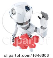 Poster, Art Print Of 3d Funny Cartoon Robot Character Holding A Piece Of The Jigsaw Puzzle