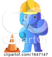 Cartoon Blue Man Construction Worker Gesturing Stop By A Cone