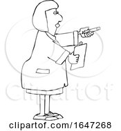 Cartoon Black And White Female Scientist Holding Out A Pencil And Clipboard by djart