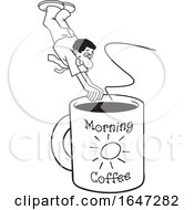 Poster, Art Print Of Cartoon Lineart Black Man Diving Into A Giant Coffee Mug