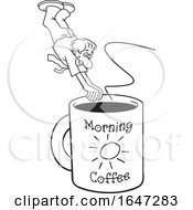 Poster, Art Print Of Cartoon Black And White Man Diving Into A Giant Coffee Mug