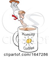 Cartoon White Man Diving Into A Giant Coffee Mug
