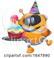 Orange Cyborg Robot Mascot Character With Birthday Cake