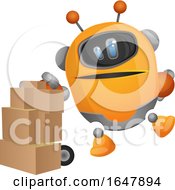 Poster, Art Print Of Orange Cyborg Robot Mascot Character Moving Boxes