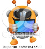 Poster, Art Print Of Orange Cyborg Robot Mascot Character Holding A Laptop