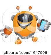 Poster, Art Print Of Orange Cyborg Robot Mascot Character Holding A Cell Phone